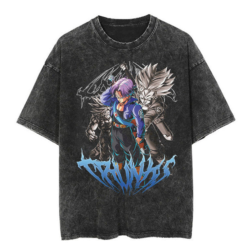 Classic Dragon Ball Cartoon Anime Oversize High Street Vintage Washed Distressed Short Sleeve T-Shirt Trendy Cotton