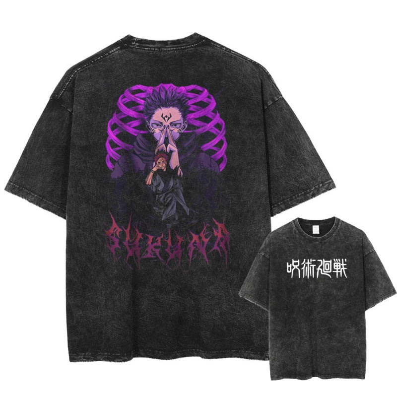 Summer Anime Jujutsu Kaisen Character Pattern Printed T-Shirt Cotton Washed Vintage Short Sleeve