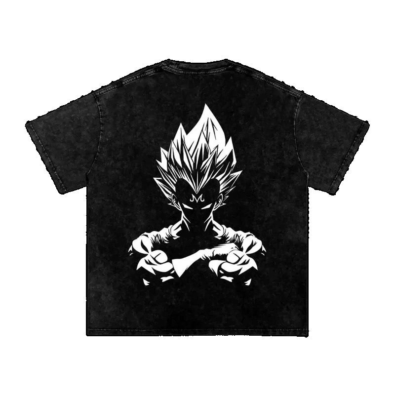 Summer Dragon Ball Vegeta Anime Print T-Shirt Vintage Washed Cotton Short Sleeve Top