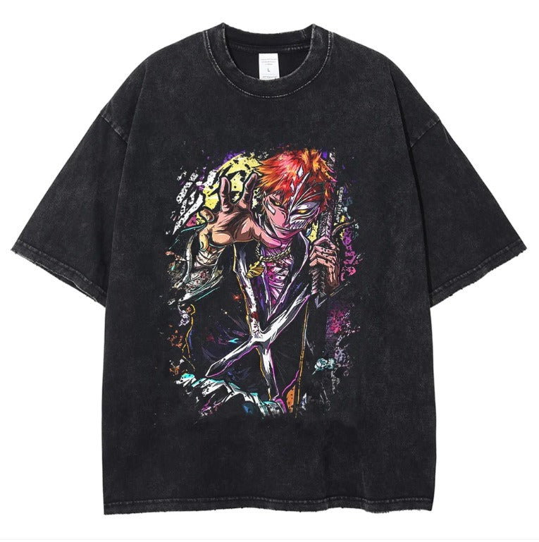 Naruto Japanese Anime Cartoon Oversize High Street Vintage Washed Wax Dyed Direct Spray Printed T-shirt