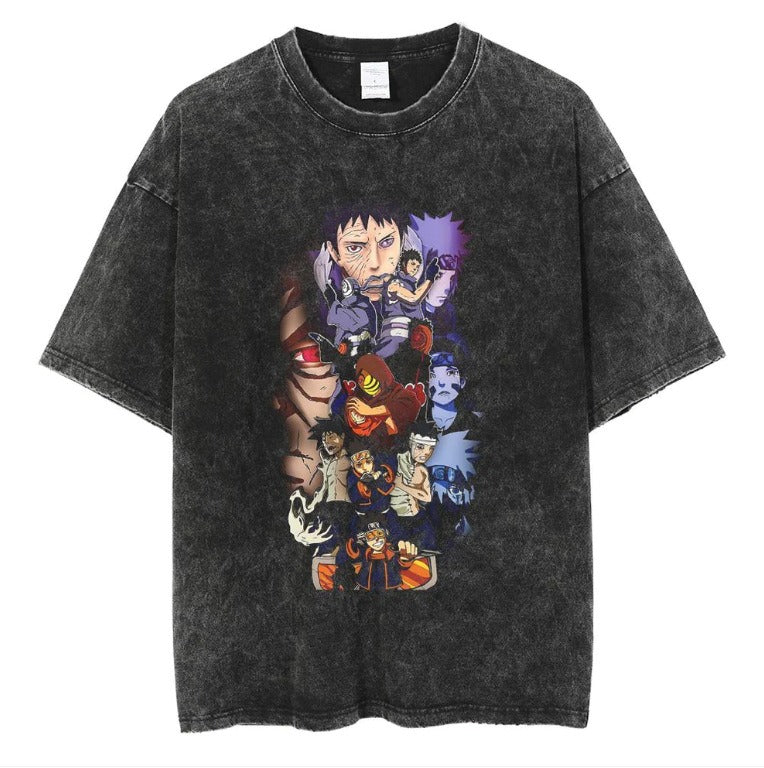 Naruto Japanese Anime Cartoon Oversize High Street Vintage Washed Wax Dyed Direct Spray Printed T-shirt