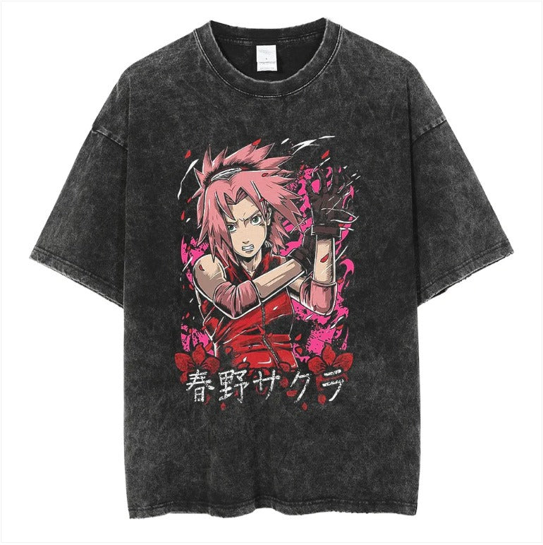 Naruto Japanese Anime Cartoon Oversize High Street Vintage Washed Wax Dyed Direct Spray Printed T-shirt