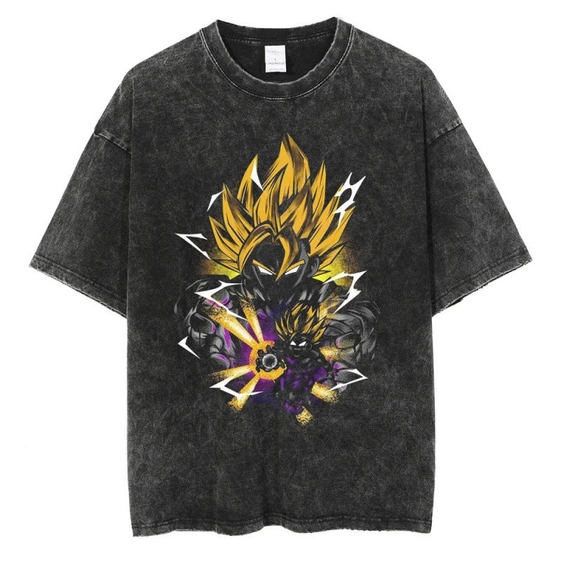 Summer Dragon Ball Anime Vegeta Pattern Printed T-Shirt Summer Cotton Washed Vintage Short Sleeve
