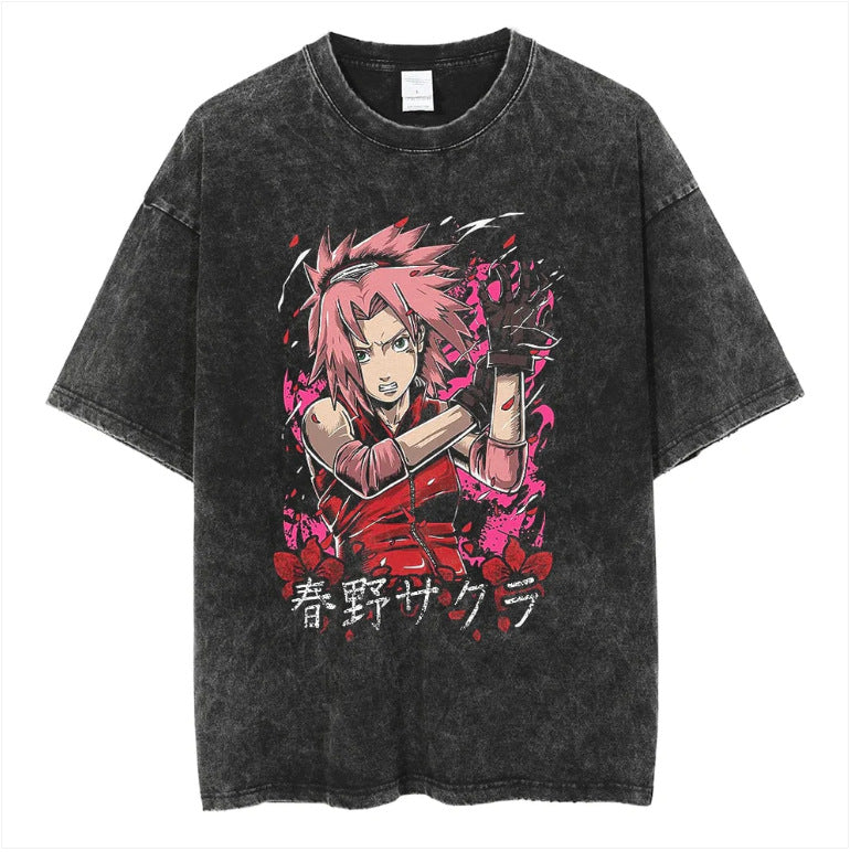 Naruto Japanese Anime Cartoon Oversize High Street Vintage Washed Wax Dyed Direct Spray Printed T-shirt