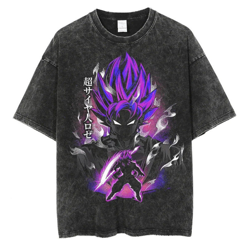 Summer Dragon Ball Anime Pattern Printed T-Shirt Casual Cotton Washed Vintage Short Sleeve Tee
