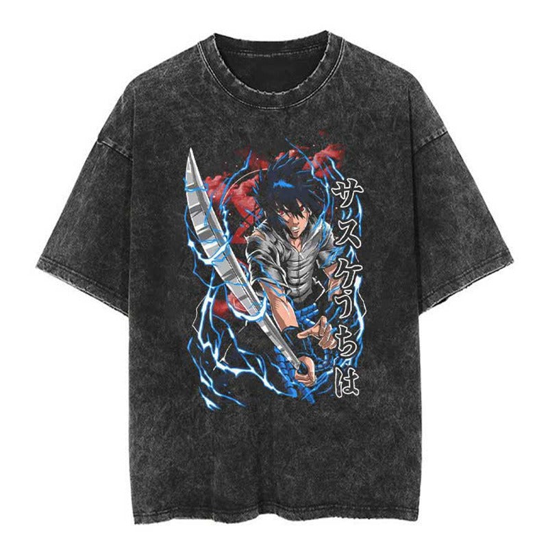 Japanese classic Naruto anime oversize high street vintage water washed wax dyed short sleeved T-shirt