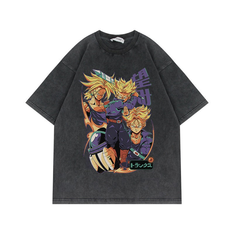 280G Heavyweight Washed Old Vintage Short Sleeve T Shirt Seven Dragon Ball Anime American Oversize High Street Half Sleeve T