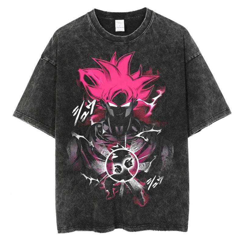 Summer Dragon Ball Anime Pattern Printed T-Shirt Casual Cotton Washed Vintage Short Sleeve Tee
