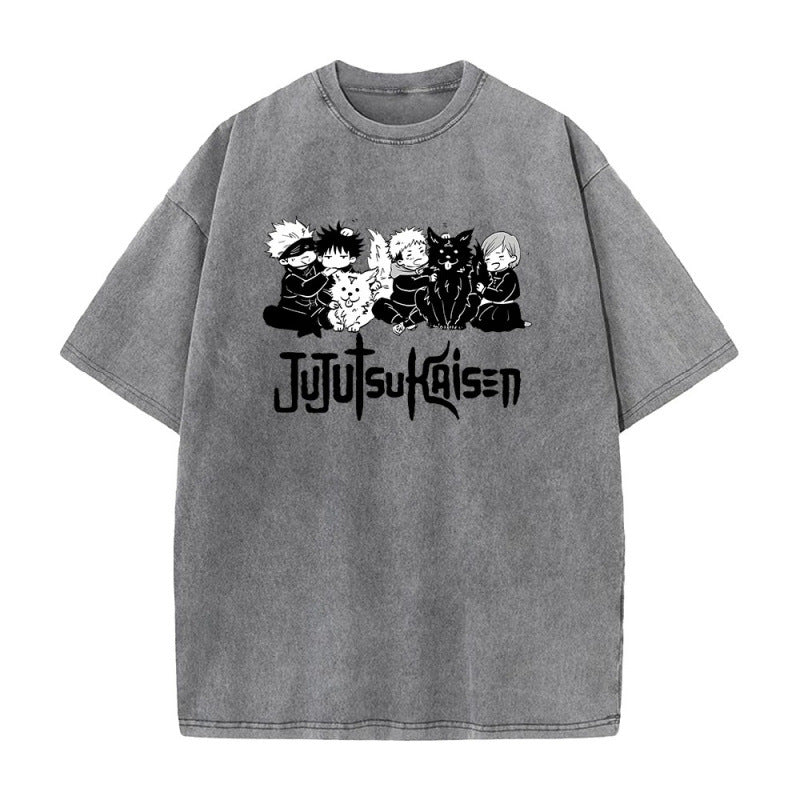 Jujutsu Kaisen Anime Print T-Shirt Summer Cotton Washed Top Vintage Distressed Short Sleeve