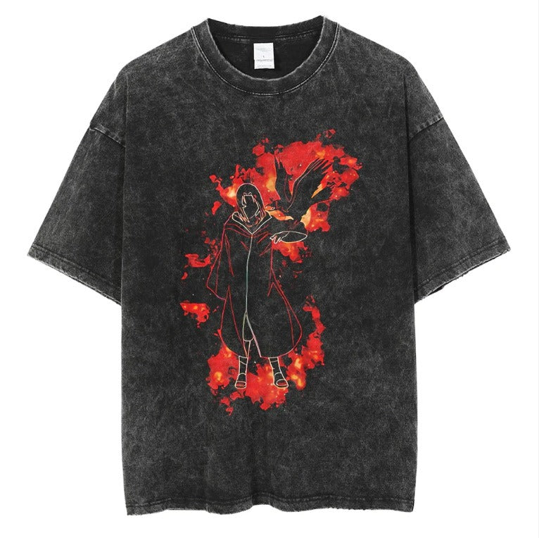 Naruto Japanese Anime Cartoon Oversize High Street Vintage Washed Wax Dyed Direct Spray Printed T-shirt