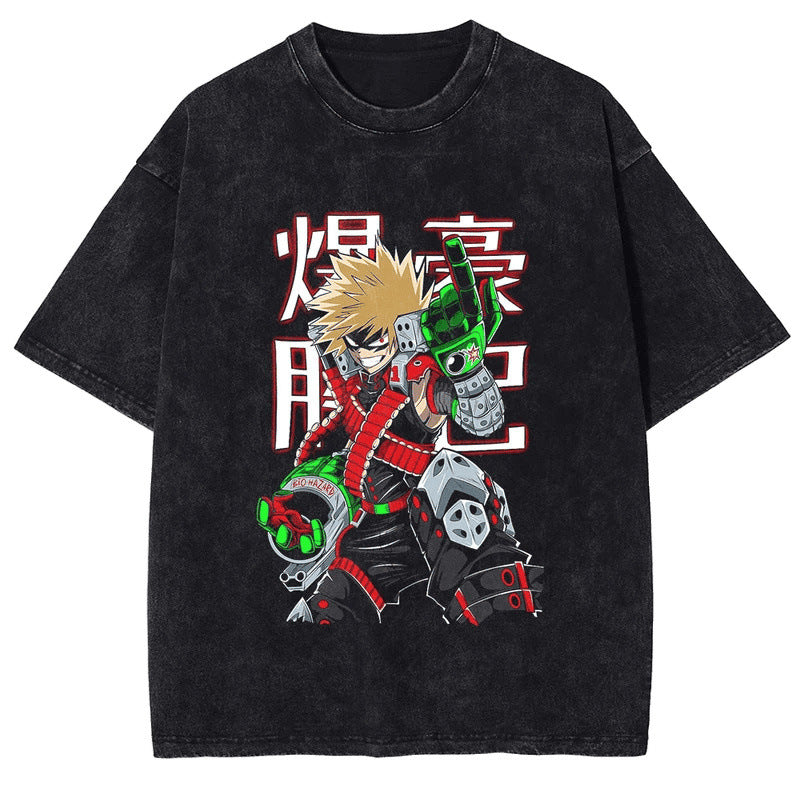 Summer My Hero Academia Bakugo Katsuki Printed T-Shirt Vintage Washed Cotton Short Sleeve