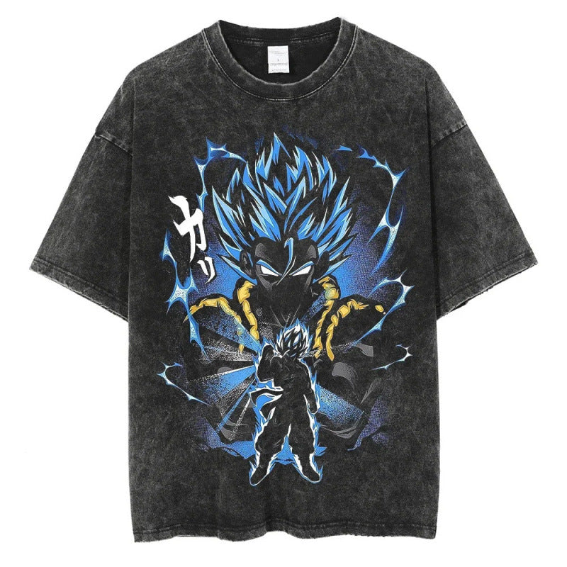 Summer Dragon Ball Anime Pattern Printed T-Shirt Casual Cotton Washed Vintage Short Sleeve Tee