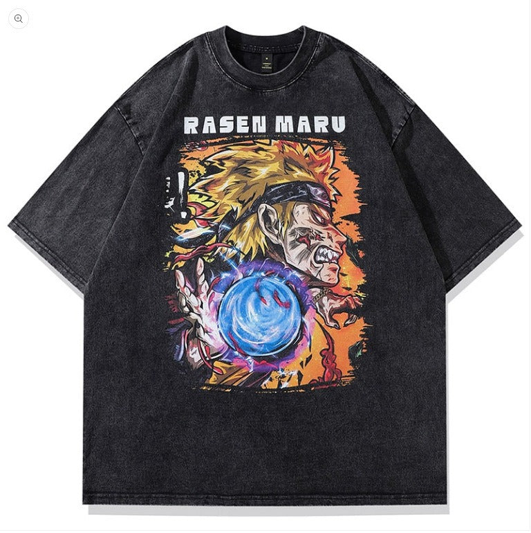 Naruto Japanese Anime Cartoon Oversize High Street Vintage Washed Wax Dyed Direct Spray Printed T-shirt
