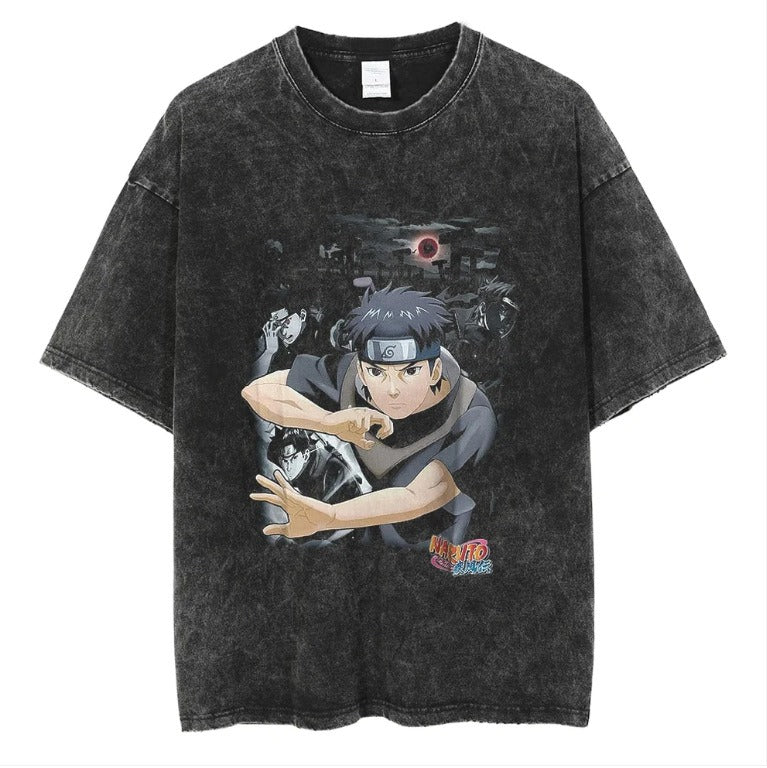 Naruto Japanese Anime Cartoon Oversize High Street Vintage Washed Wax Dyed Direct Spray Printed T-shirt