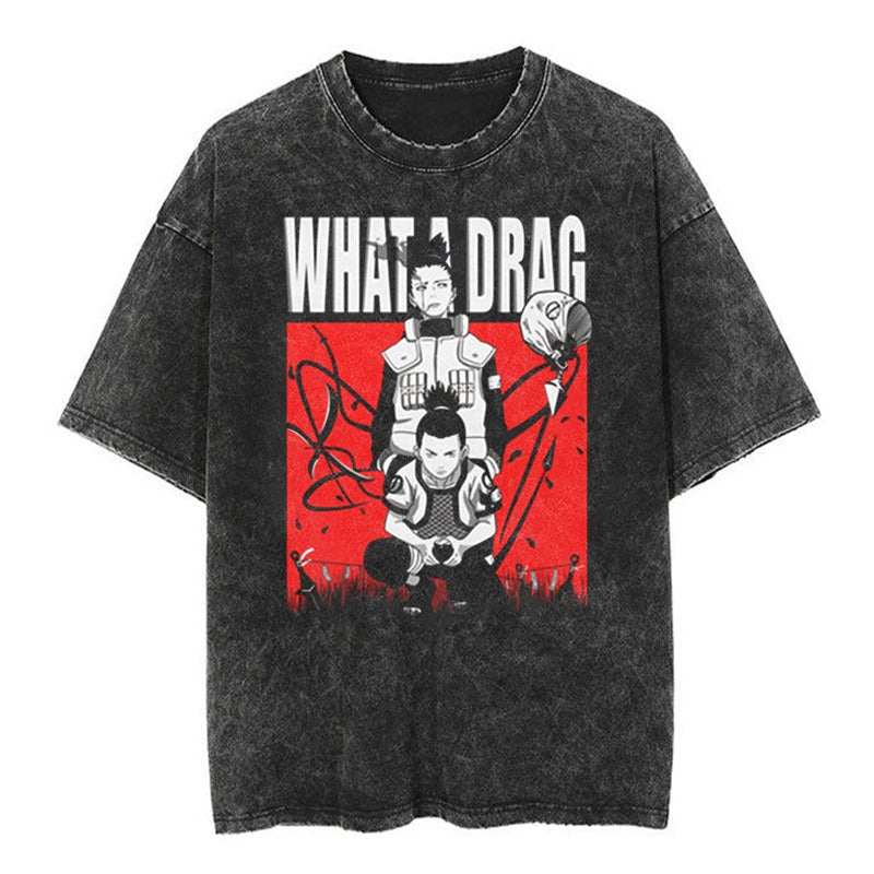 Japanese classic Naruto anime oversize high street vintage water washed wax dyed short sleeved T-shirt