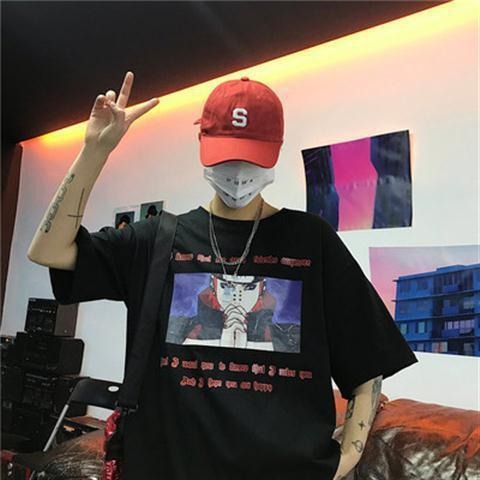 INS Diablo Naruto Uchibo with Earth Anime Print Loose Short sleeved T-shirt for Men and Women Short sleeved Couple