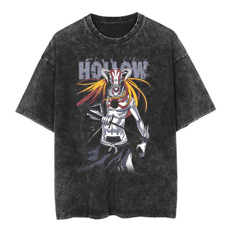 Japanese classic Naruto anime oversize high street vintage water washed wax dyed short sleeved T-shirt