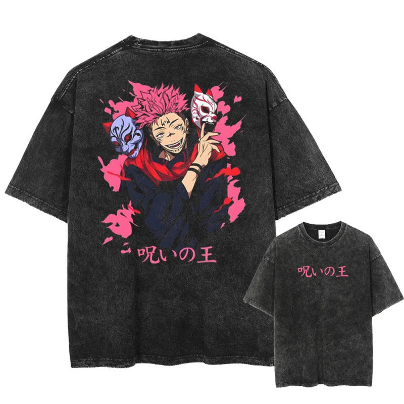 Summer Anime Jujutsu Kaisen Character Pattern Printed T-Shirt Cotton Washed Vintage Short Sleeve