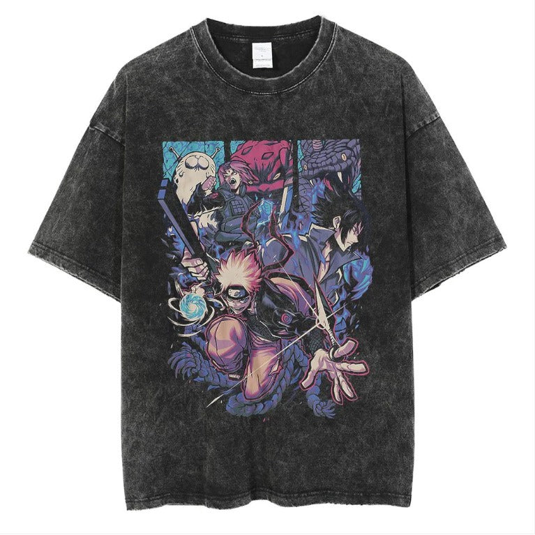 Naruto Japanese Anime Cartoon Oversize High Street Vintage Washed Wax Dyed Direct Spray Printed T-shirt