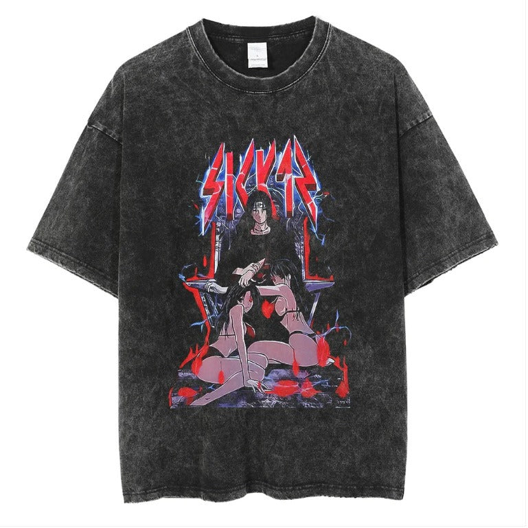 Naruto Japanese Anime Cartoon Oversize High Street Vintage Washed Wax Dyed Direct Spray Printed T-shirt