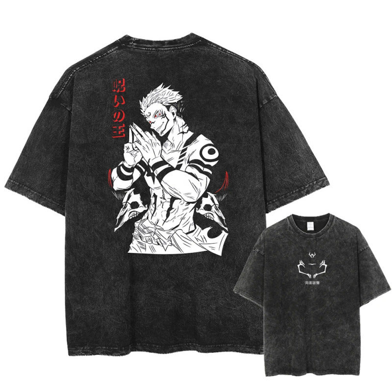 Summer Anime Jujutsu Kaisen Character Pattern Printed T-Shirt Cotton Washed Vintage Short Sleeve