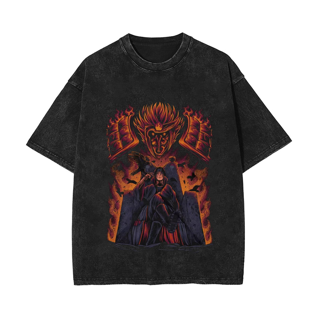 New summer anime Naruto Sasuke European and American washed vintage short sleeved T-shirt