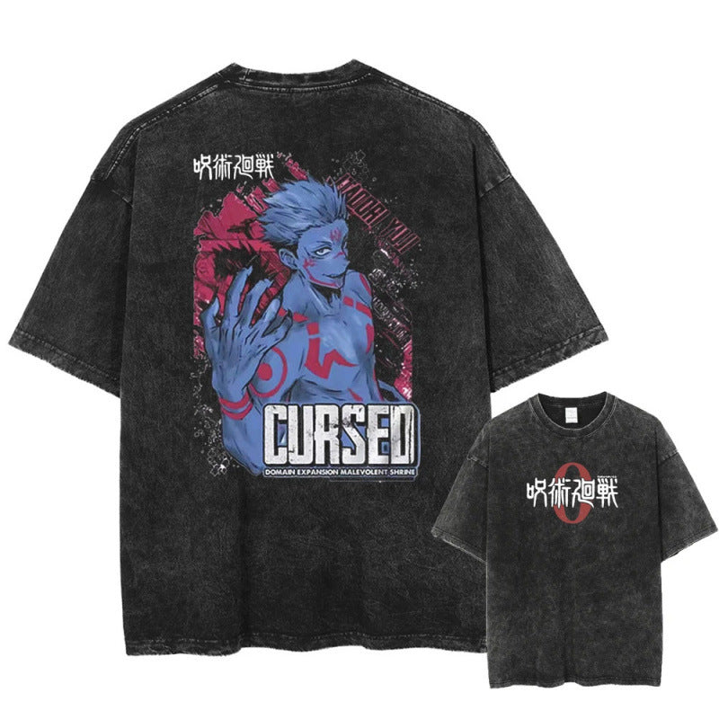 Summer Anime Jujutsu Kaisen Character Pattern Printed T-Shirt Cotton Washed Vintage Short Sleeve