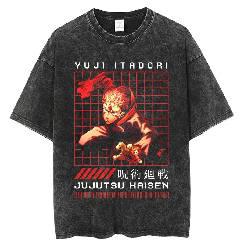 Summer Jujutsu Kaisen Anime Print T-Shirt Vintage Washed Cotton Short Sleeve Top