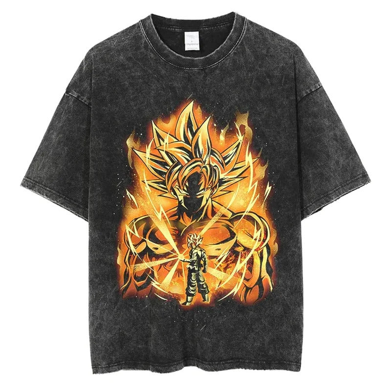 Summer Dragon Ball Anime Pattern Printed T-Shirt Casual Cotton Washed Vintage Short Sleeve Tee