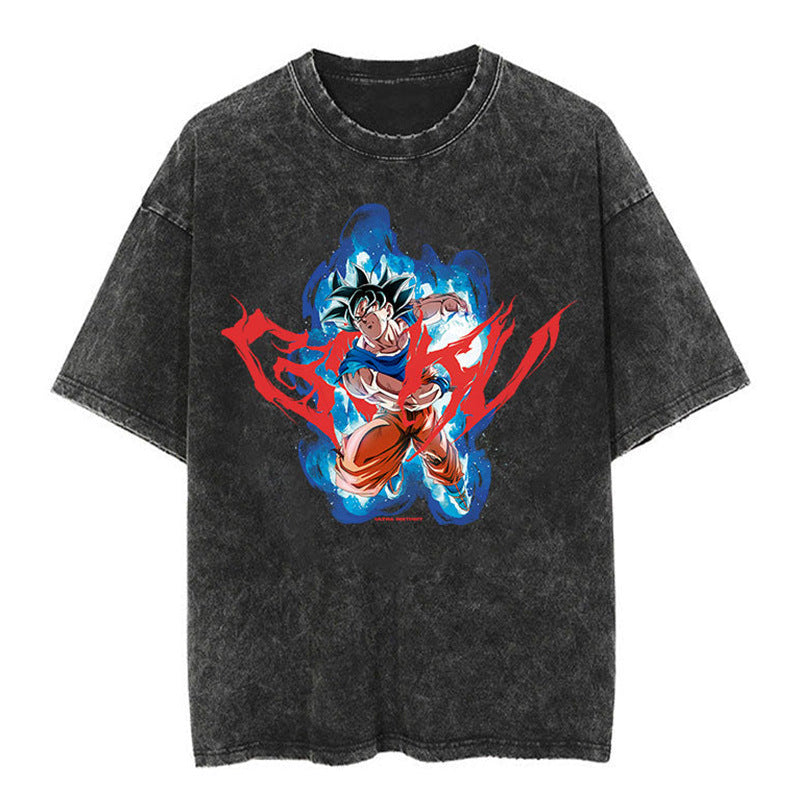 Classic Dragon Ball Cartoon Anime Oversize High Street Vintage Washed Distressed Short Sleeve T-Shirt Trendy Cotton