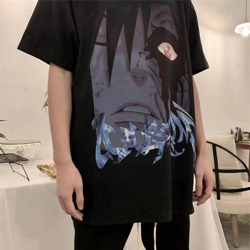 INS Diablo Naruto Uchibo with Earth Anime Print Loose Short sleeved T-shirt for Men and Women Short sleeved Couple