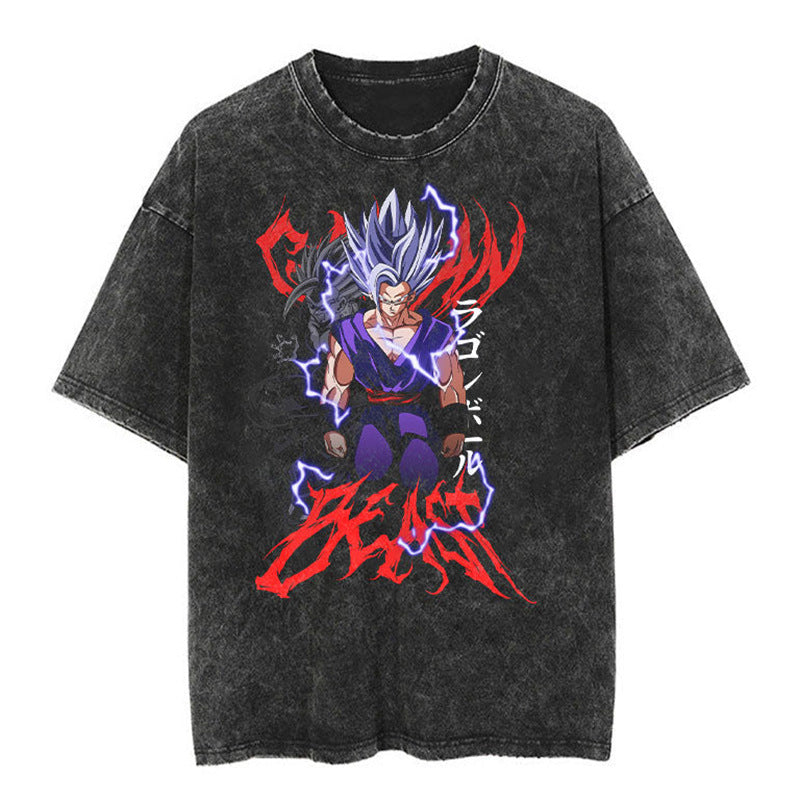Classic Dragon Ball Cartoon Anime Oversize High Street Vintage Washed Distressed Short Sleeve T-Shirt Trendy Cotton