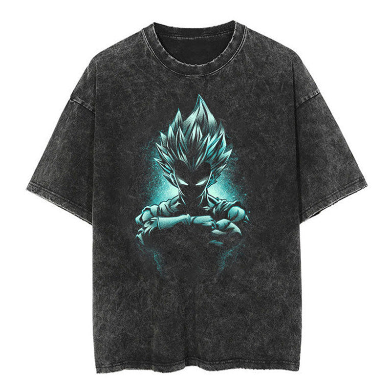 Classic Dragon Ball Cartoon Anime Oversize High Street Vintage Washed Distressed Short Sleeve T-Shirt Trendy Cotton