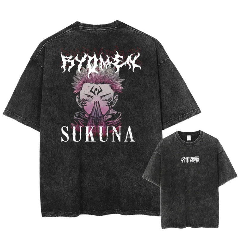 Summer Anime Jujutsu Kaisen Character Pattern Printed T-Shirt Cotton Washed Vintage Short Sleeve