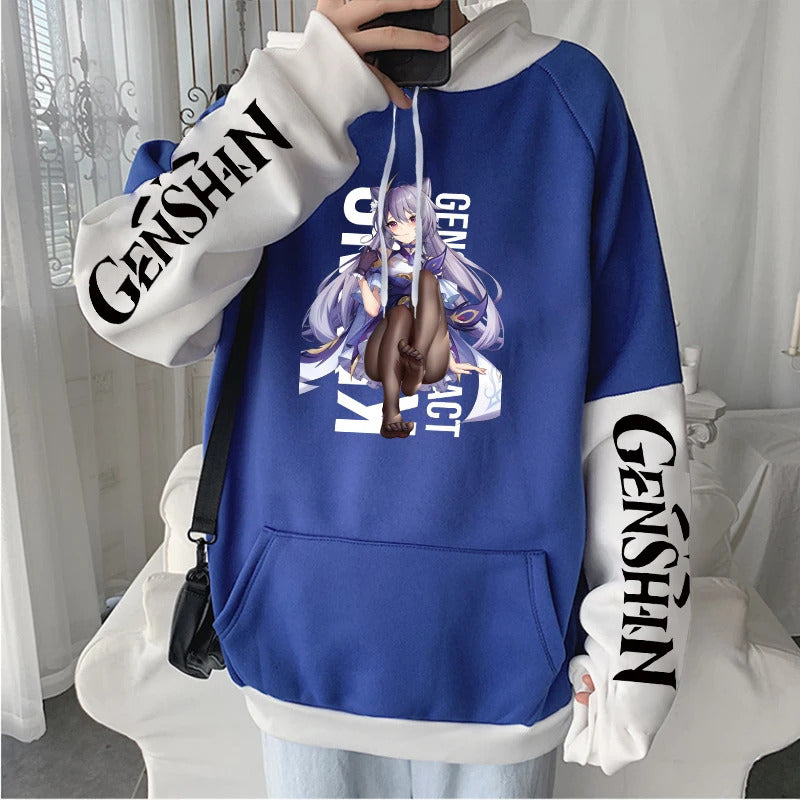 Spring Genshin Impact KeqingPrinted Hoodie Unisex Long Sleeve Casual Spliced Jacket Top