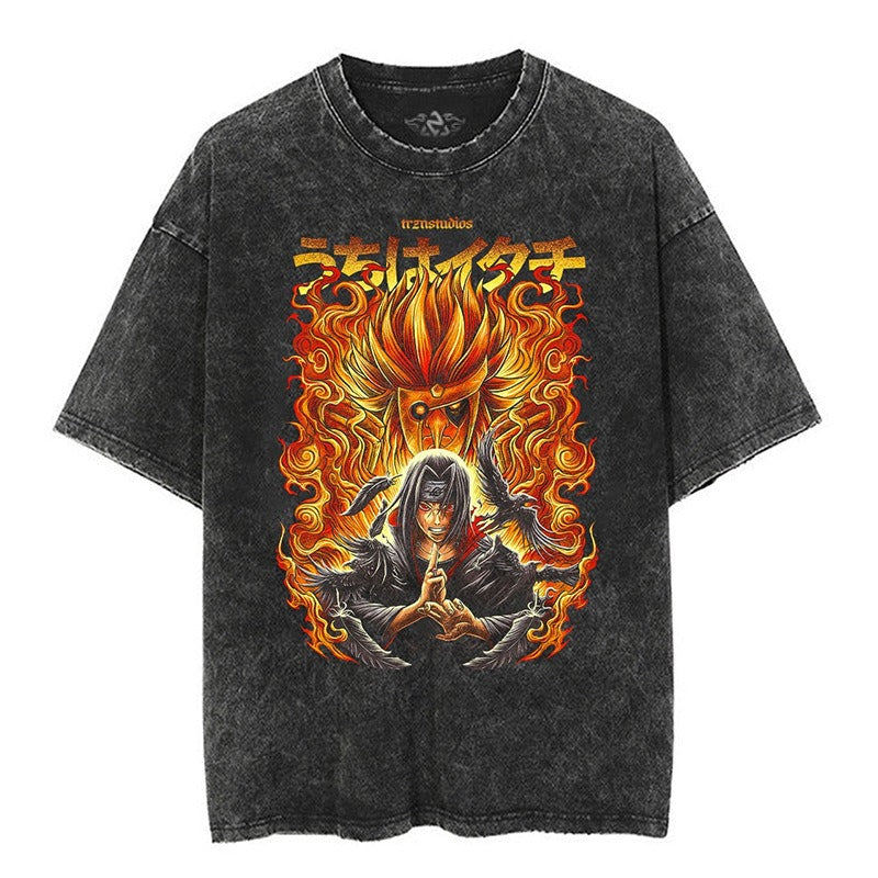 Japanese classic Naruto anime oversize high street vintage water washed wax dyed short sleeved T-shirt