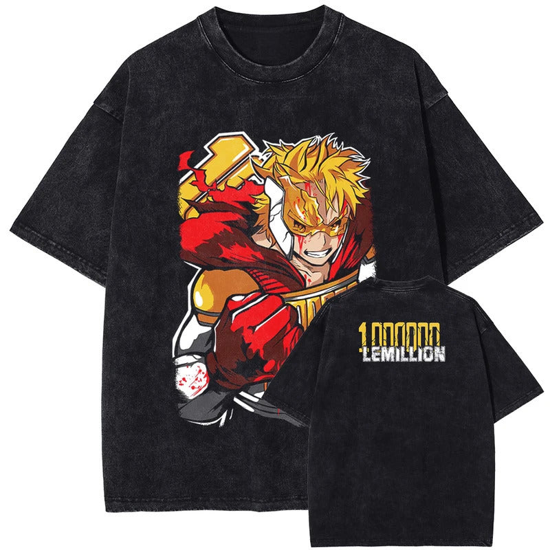Summer My Hero Academia Bakugo Katsuki Printed T-Shirt Vintage Washed Cotton Short Sleeve