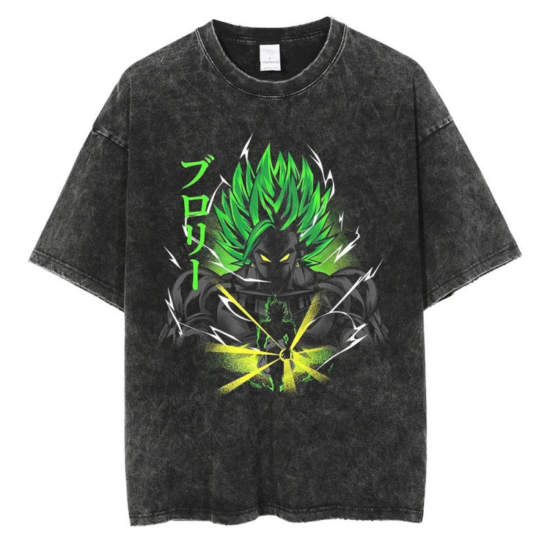 Summer Dragon Ball Anime Pattern Printed T-Shirt Casual Cotton Washed Vintage Short Sleeve Tee