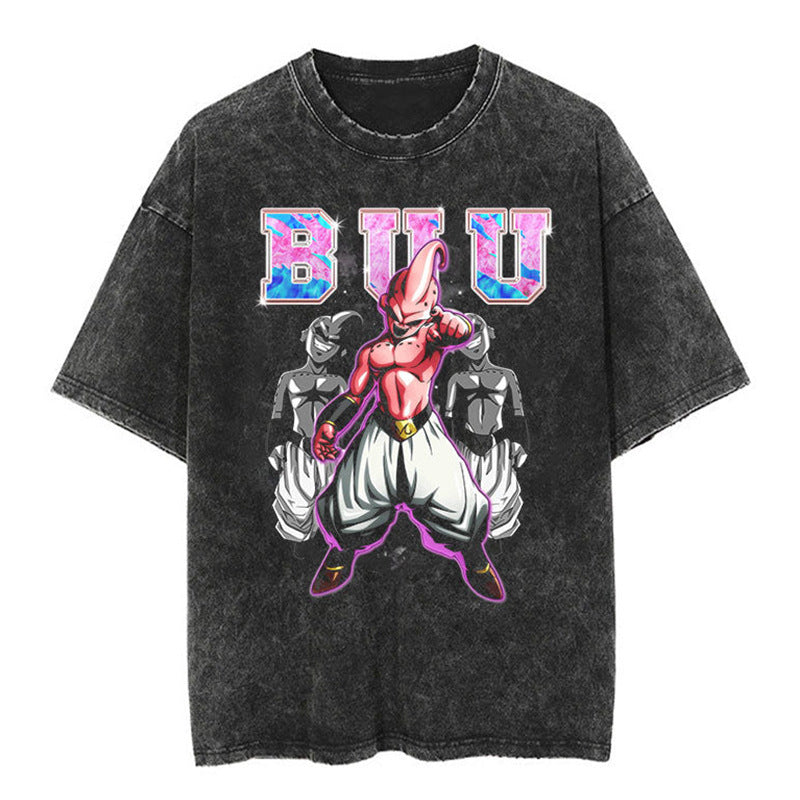 Classic Dragon Ball Cartoon Anime Oversize High Street Vintage Washed Distressed Short Sleeve T-Shirt Trendy Cotton