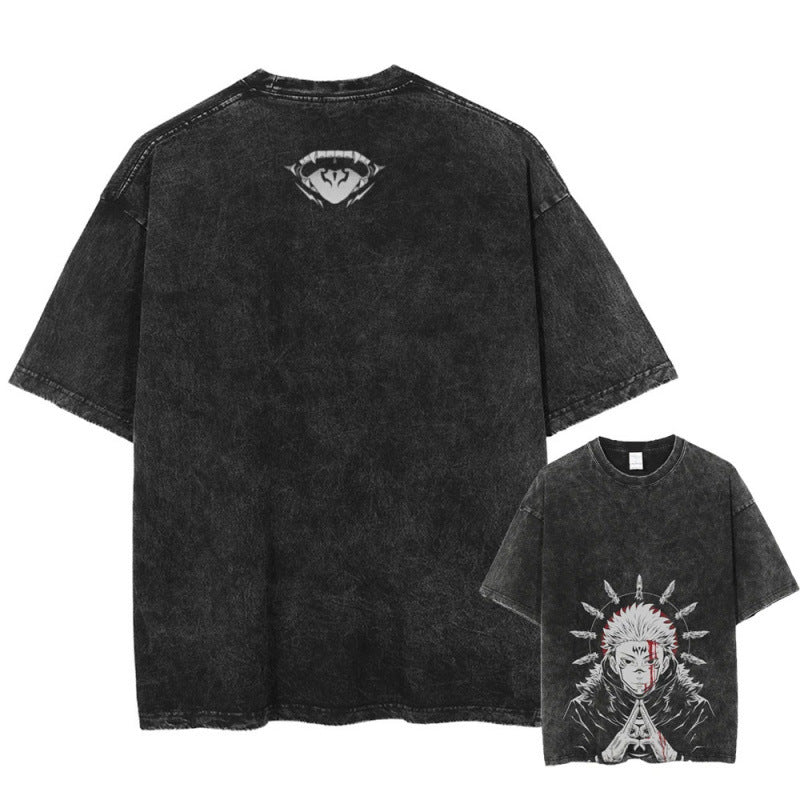 Summer Anime Jujutsu Kaisen Character Pattern Printed T-Shirt Cotton Washed Vintage Short Sleeve