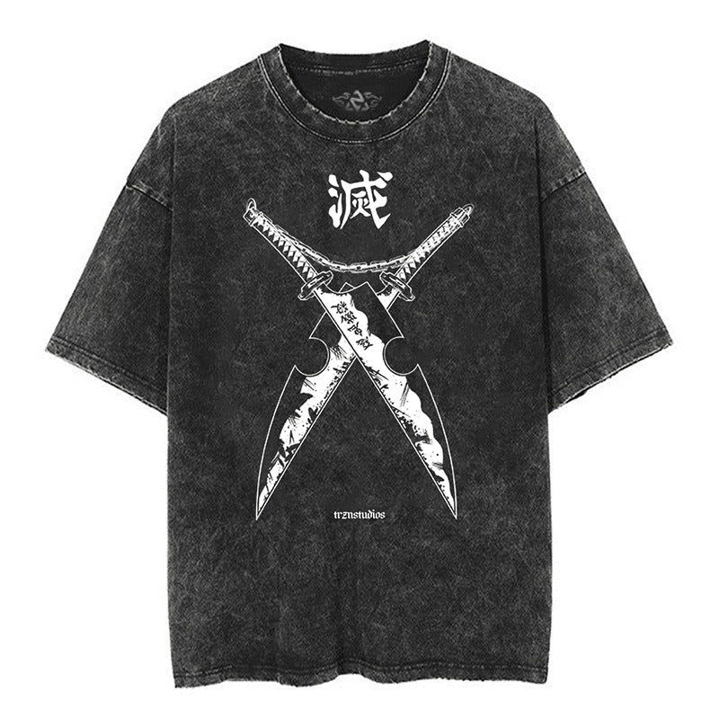 Japanese classic Naruto anime oversize high street vintage water washed wax dyed short sleeved T-shirt