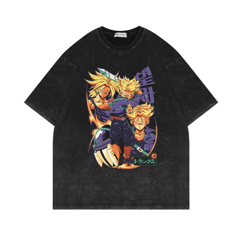 280G Heavyweight Washed Old Vintage Short Sleeve T Shirt Seven Dragon Ball Anime American Oversize High Street Half Sleeve T