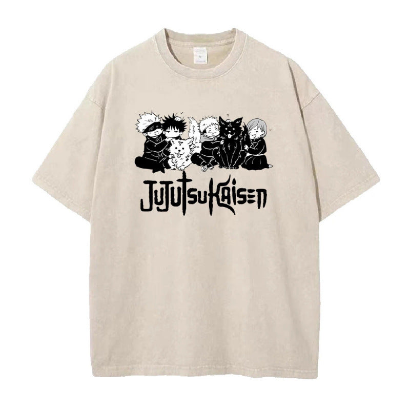 Jujutsu Kaisen Anime Print T-Shirt Summer Cotton Washed Top Vintage Distressed Short Sleeve