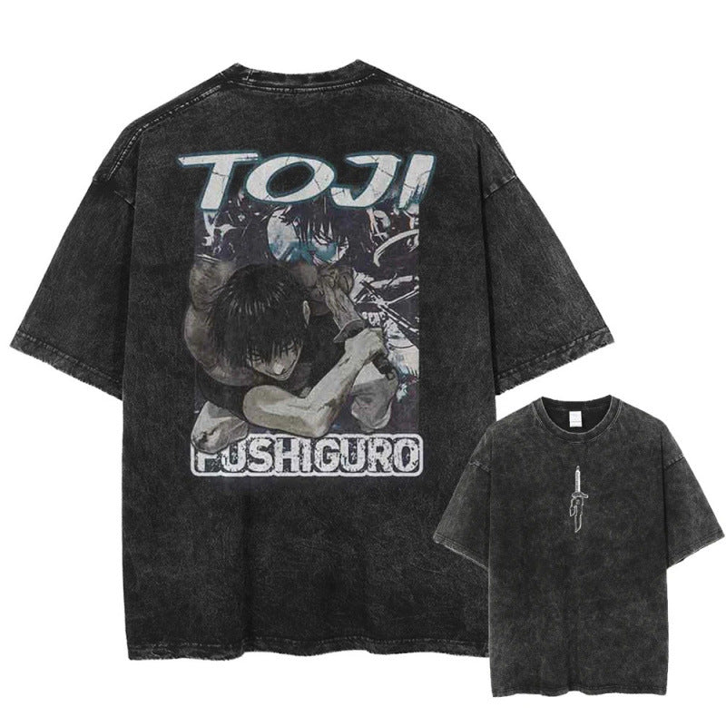 Summer Anime Jujutsu Kaisen Character Pattern Printed T-Shirt Cotton Washed Vintage Short Sleeve