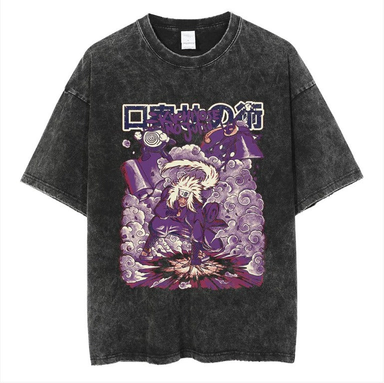 Naruto Japanese Anime Cartoon Oversize High Street Vintage Washed Wax Dyed Direct Spray Printed T-shirt