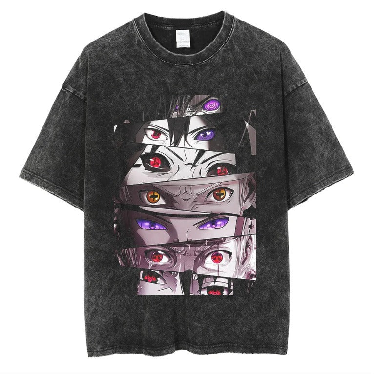 Naruto Japanese Anime Cartoon Oversize High Street Vintage Washed Wax Dyed Direct Spray Printed T-shirt