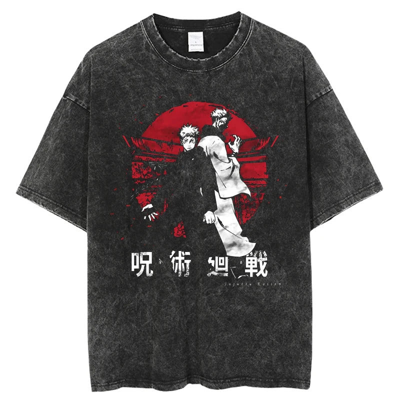 Summer Jujutsu Kaisen Anime Print T-Shirt Vintage Washed Cotton Short Sleeve Top
