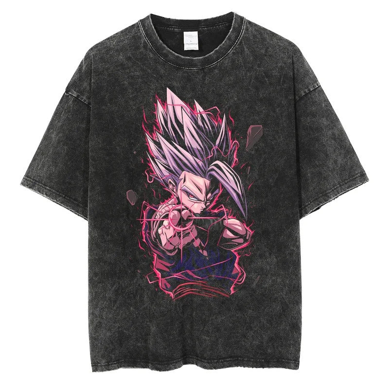 Summer Dragon Ball Anime Vegeta Pattern Printed T-Shirt Summer Cotton Washed Vintage Short Sleeve
