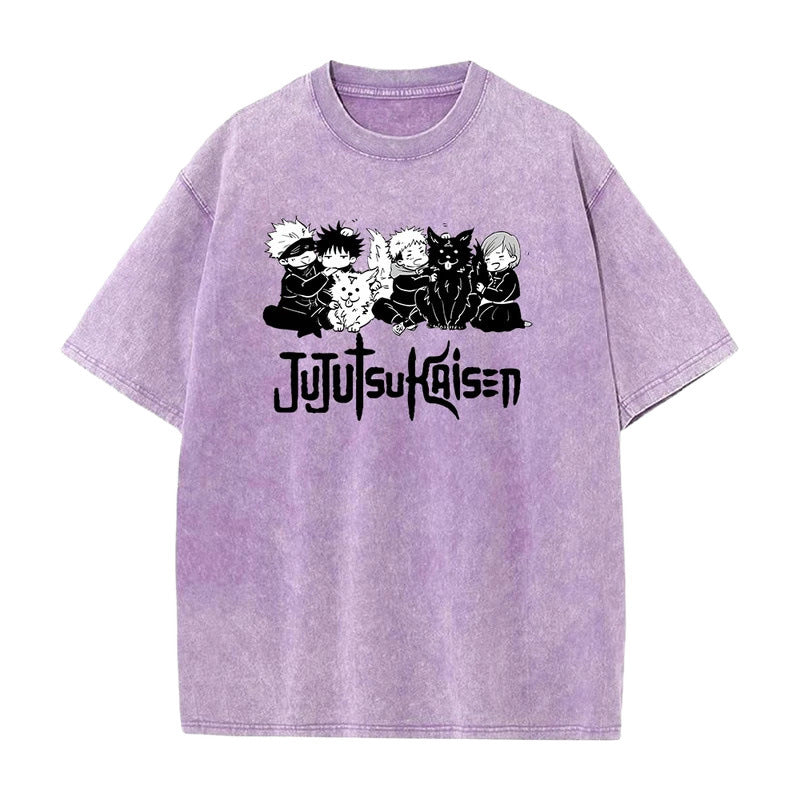 Jujutsu Kaisen Anime Print T-Shirt Summer Cotton Washed Top Vintage Distressed Short Sleeve