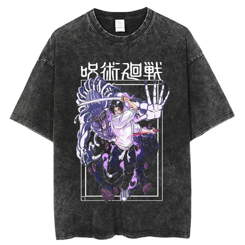 Summer Jujutsu Kaisen Anime Print T-Shirt Vintage Washed Cotton Short Sleeve Top